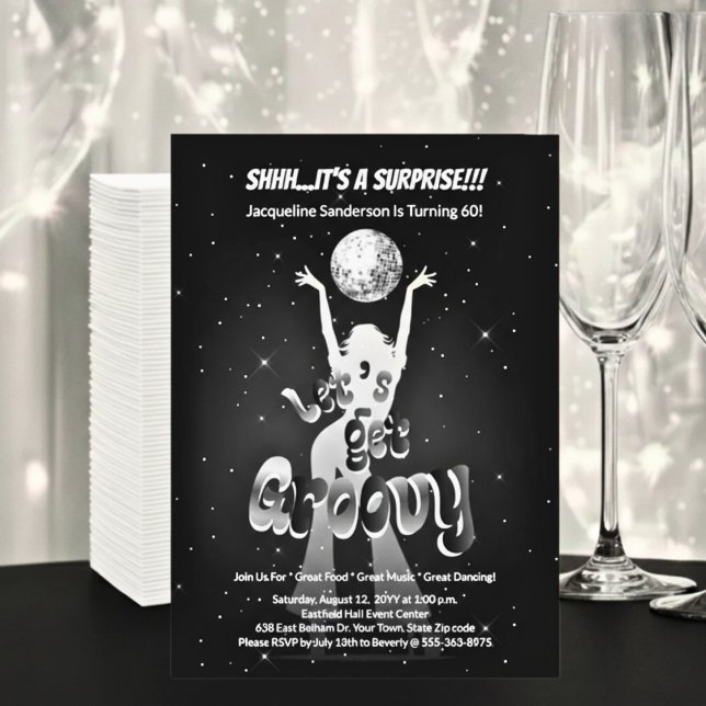 Silver Retro Let's Get Groovy 60th Birthday Party Invitation (Creator Uploaded)