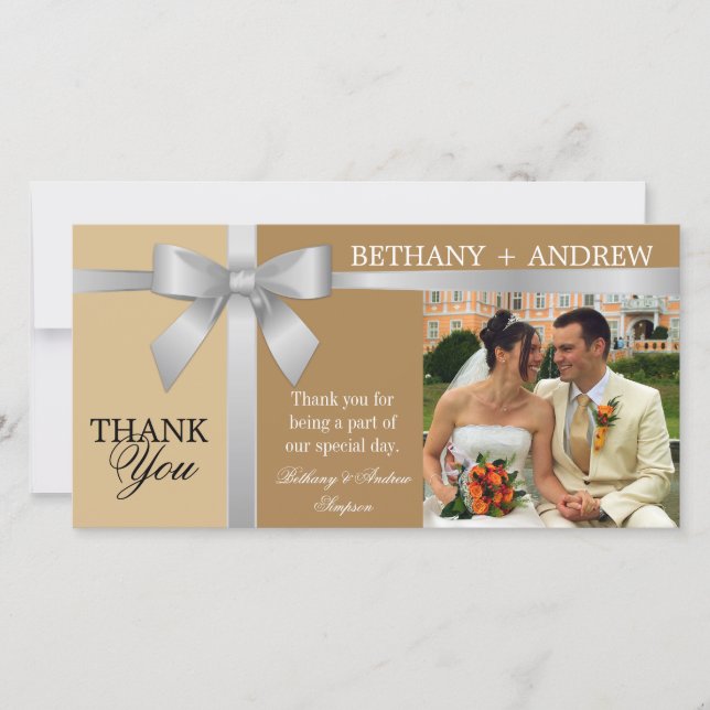 Silver Ribbon and Antique Gold Wedding Thank You (Front)