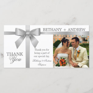 Silver Ribbon and White Wedding Thank You Card