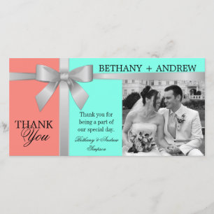 Silver Ribbon Aqua Coral Pink Wedding Thank You Card