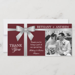 Silver Ribbon Burgundy Wedding Thank You Card