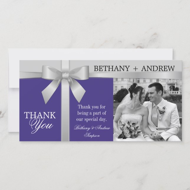 Silver Ribbon Purple Silver Grey Wedding Thank You (Front)