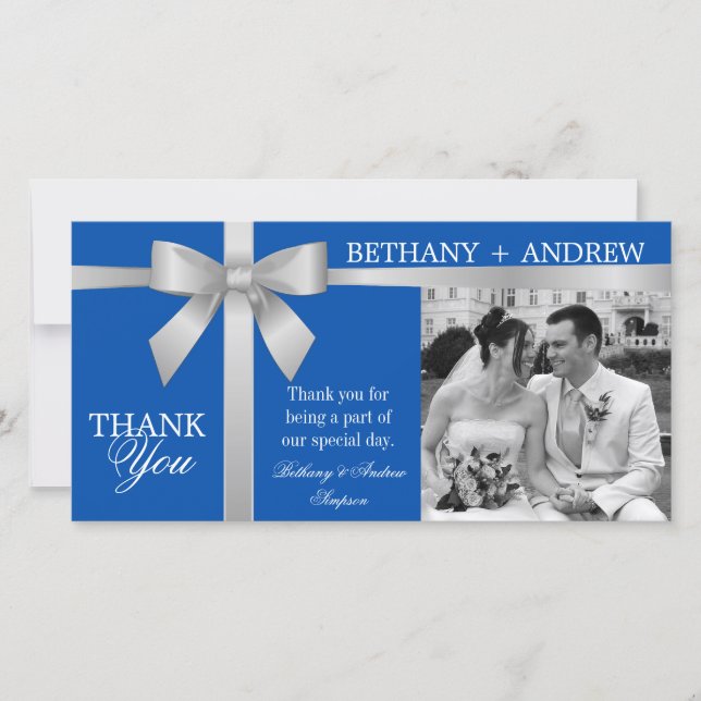 Silver Ribbon Royal Blue Wedding Thank You Card (Front)