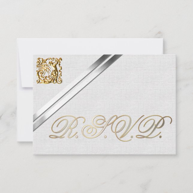 Silver Ribbons and Gold Wedding RSVP Card (Front)