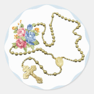 Silver Rosary Beads Roses Flowers Classic Round Sticker