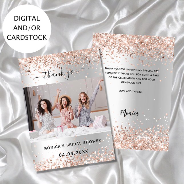 Silver rose bridal shower photo thank you card (Creator Uploaded)