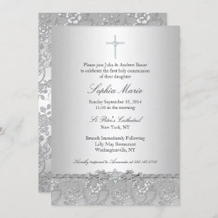 Silver Rose Cross Baptism/Christening Invitation