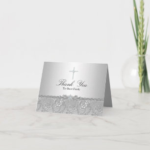 Silver Rose & Cross Baptism Thank You Card