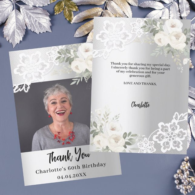 Silver rose floral birthday photo thank you card (Creator Uploaded)