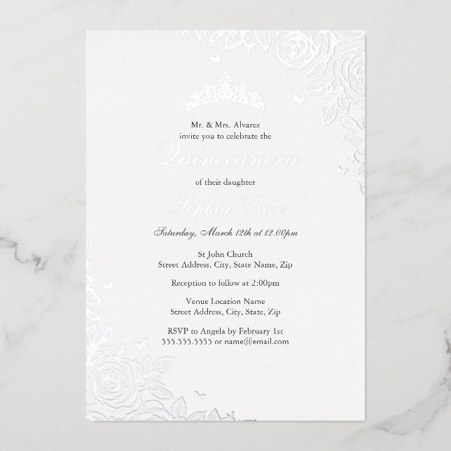 Silver Rose Floral Quinceanera Birthday  (Front)