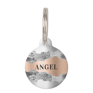 Silver rose gold agate marble name pet tag