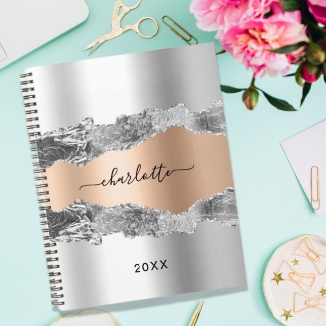Silver rose gold agate marble name script 2025 planner (Creator Uploaded)