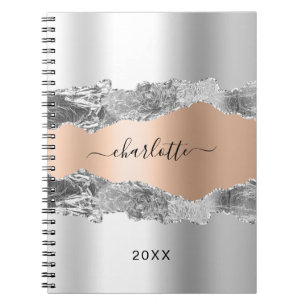 Silver rose gold agate marble name script notebook