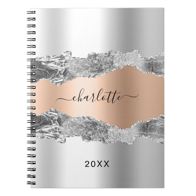 Silver rose gold agate marble name script notebook (Front)