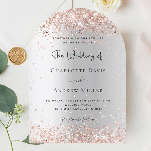 Silver rose gold confetti arch wedding invitation (Creator Uploaded)