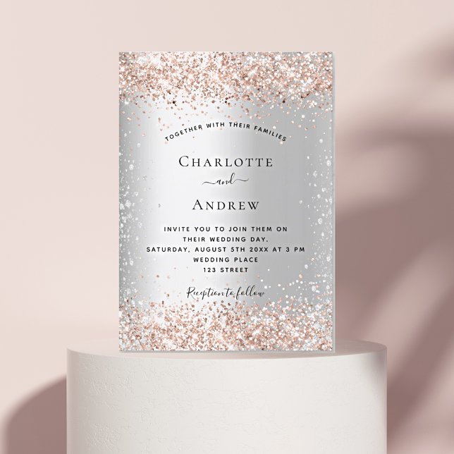 Silver rose gold confetti wedding invitation (Creator Uploaded)
