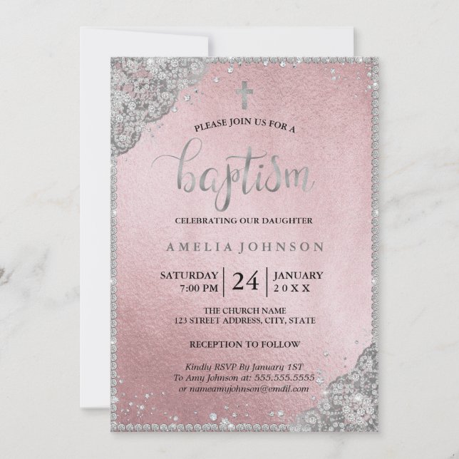 Silver Rose Gold Diamond Lace Cross Baptism Invitation (Front)