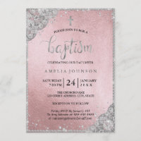 Silver Rose Gold Diamond Lace Cross Baptism