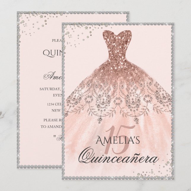 Silver Rose Gold Dress Sparkle 15th Quinceanera Invitation (Front/Back)