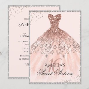 Silver Rose Gold Dress Sparkle 16th Sweet Sixteen Invitation