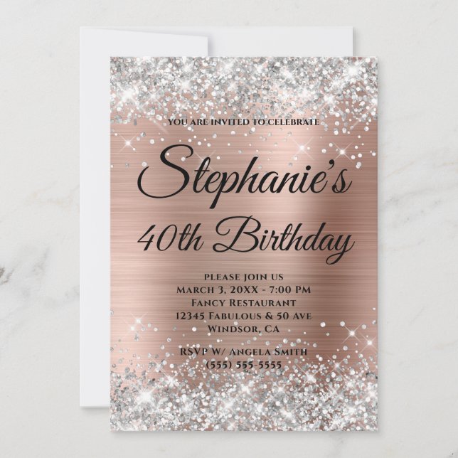 Silver Rose Gold Fancy Monogram 40th Birthday Invitation (Front)