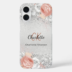 Silver rose gold florals elegant monogram name  iPhone 16 case