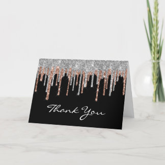 Silver Rose Gold Glitter Drip Black 40th Birthday Thank You Card