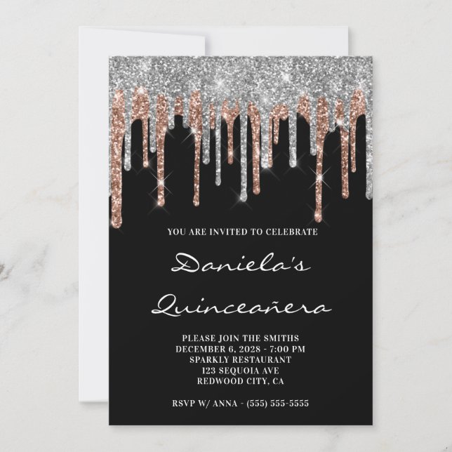 Silver Rose Gold Glitter Drips Black Quinceañera Invitation (Front)