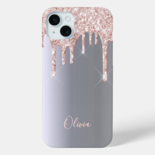 Silver rose gold glitter drips girly name iPhone 15 mini case