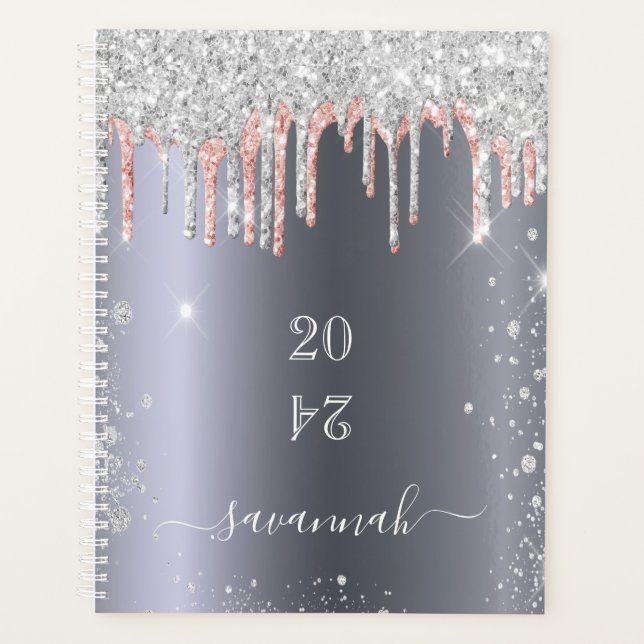 Silver rose gold glitter drips monogram 2026 planner (Front)
