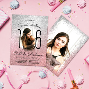 Silver Rose Gold Glitter Ombre Halo Photo Sweet 16 Invitation