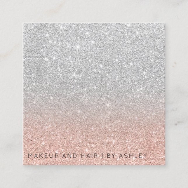 Silver rose gold glitter ombre makeup professional square business card (Front)