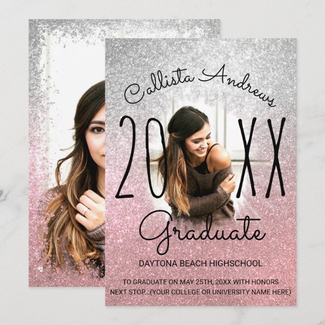 Silver Rose Gold Glitter Ombre Photo Graduation Announcement (Front/Back)