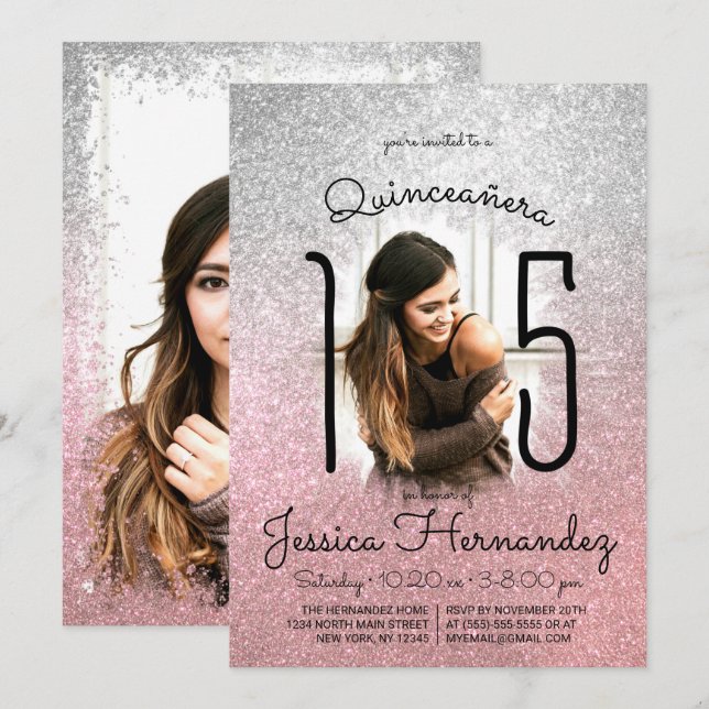 Silver Rose Gold Glitter Ombre Photo Quinceañera Invitation (Front/Back)