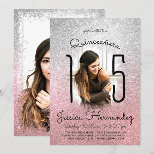 Silver Rose Gold Glitter Ombre Photo Quinceañera Invitation