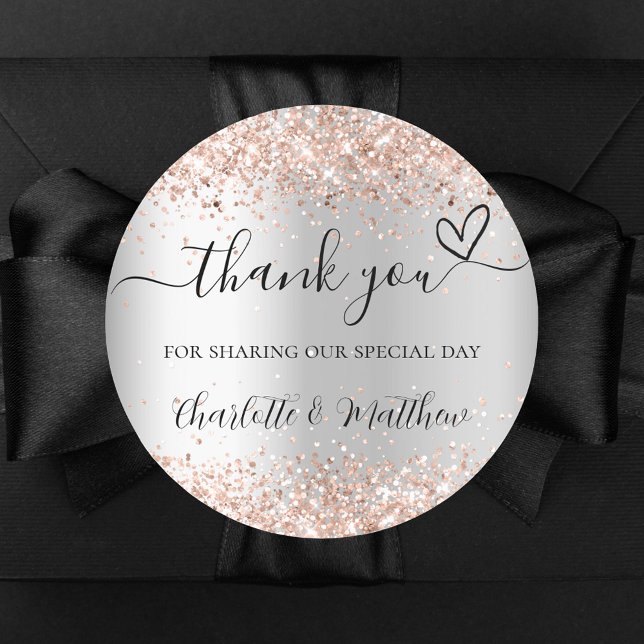 Silver rose gold heart thank you wedding classic round sticker (Creator Uploaded)