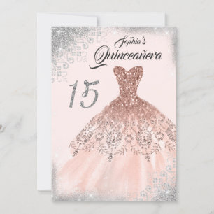 Silver Rose Gold Lace Diamond Gown Quinceanera Invitation