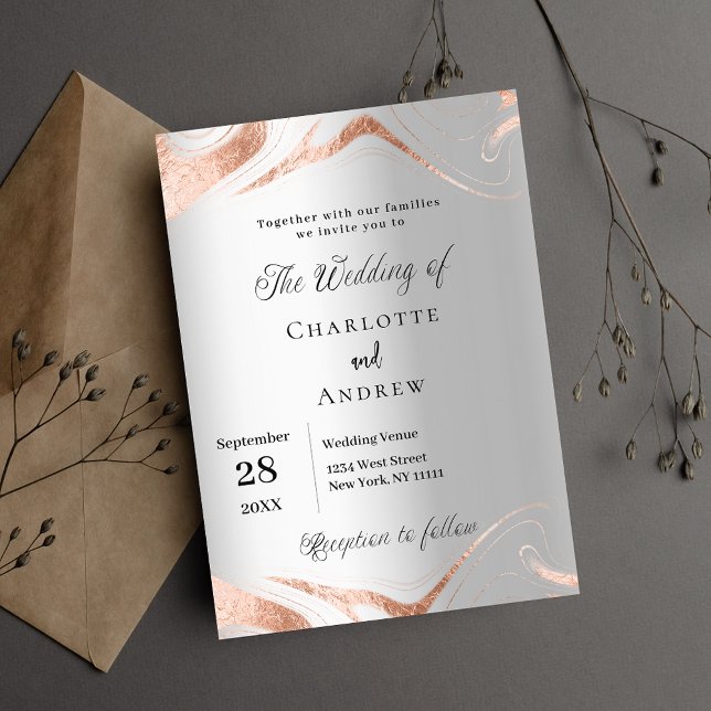 Silver rose gold marble elegant wedding invitation postcard (Creator Uploaded)
