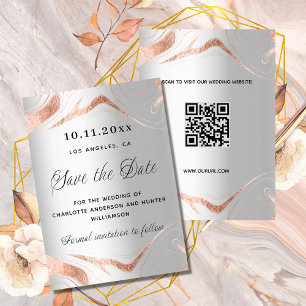 Silver rose gold marble modern QR code wedding Save The Date