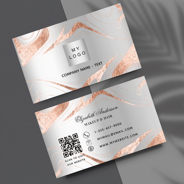Silver rose gold marble QR code corporate logo Business Card (Creator Uploaded)
