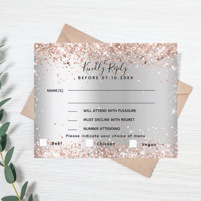 Silver rose gold menu choise wedding RSVP card (Creator Uploaded)