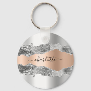 Silver rose gold metal agate marble name script key ring