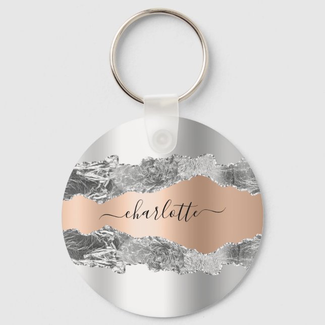 Silver rose gold metal agate marble name script key ring (Front)