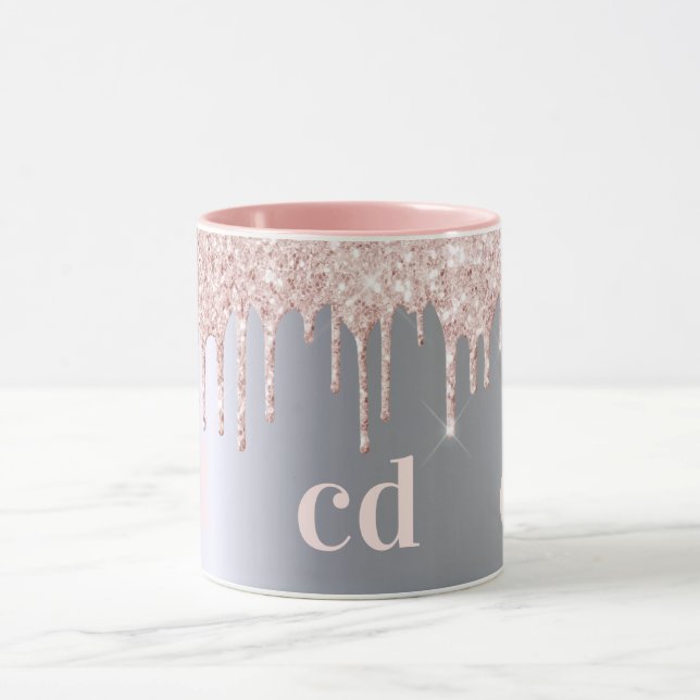 Silver rose gold monogram glitter drips mug (Center)