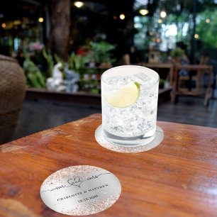 Silver rose gold mr mrs heart script round paper coaster