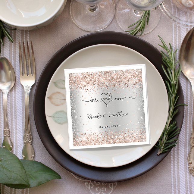 Silver rose gold mr mrs heart wedding napkin (Creator Uploaded)