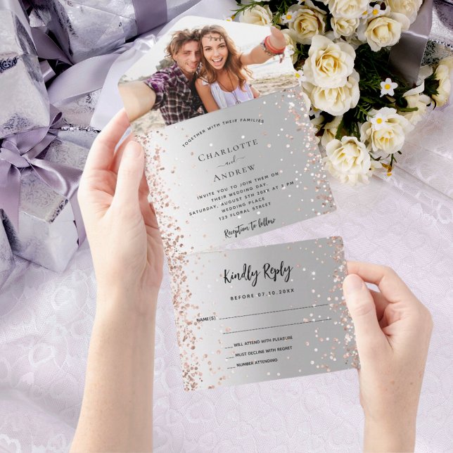 Silver rose gold photo wedding all in one invitation (Creator Uploaded)