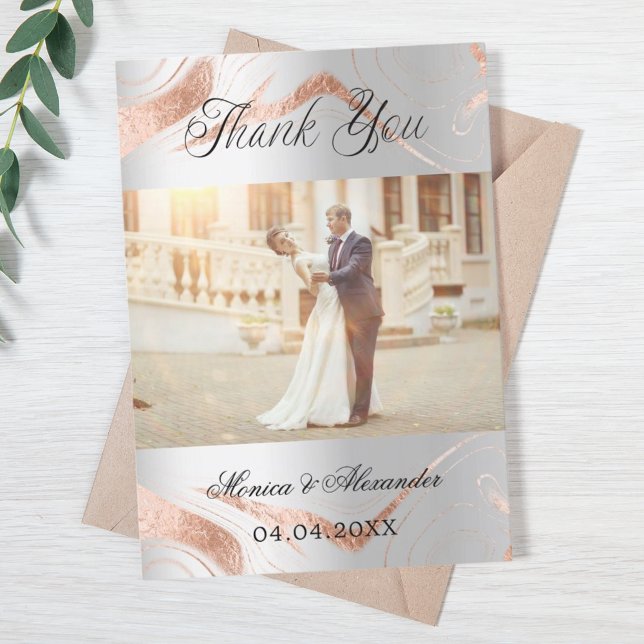 Silver rose gold photo wedding thank you card (Creator Uploaded)
