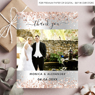 Silver rose gold photo wedding thank you card