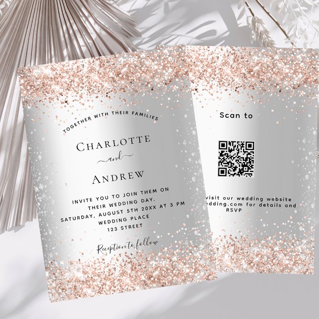 Silver rose gold QR code RSVP details wedding Invitation (Creator Uploaded)